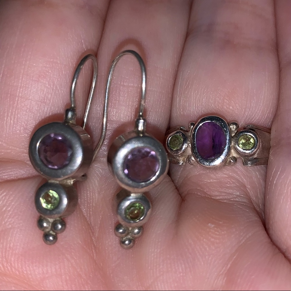 Pretty Peridot & Amethyst Silver Ring & Earrings
